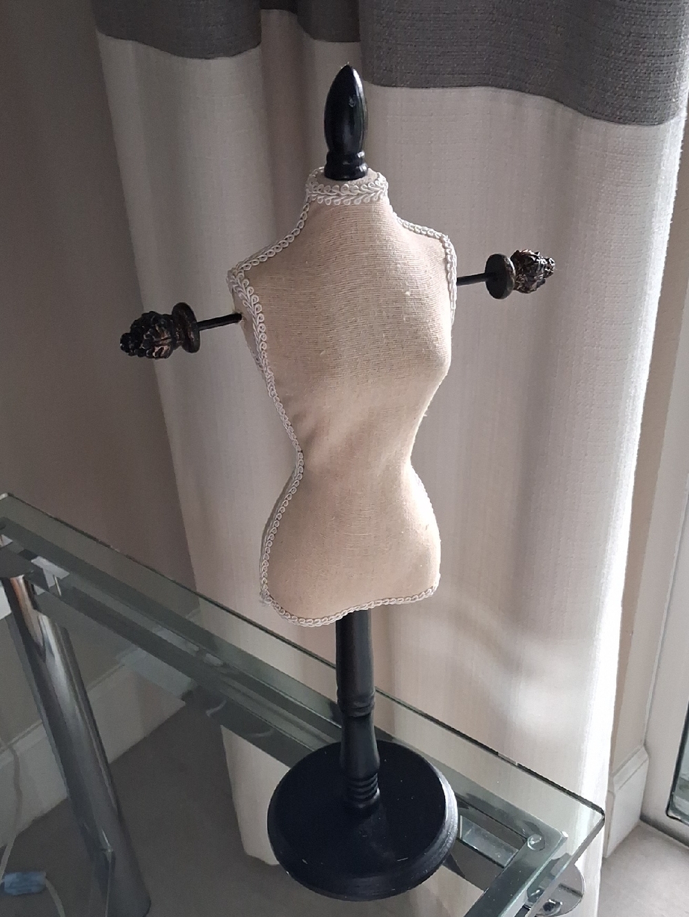 Fabric Dress Form Jewelry Display on Black Stand - Beige